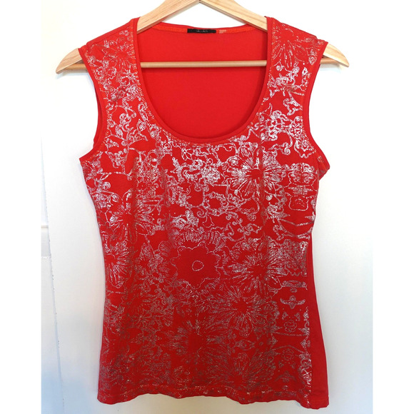 Tahari Tops - Vintage Y2K Tahari Tank Top Small Coral Metallic Foil Pima Fairy‎ Babydoll Tee